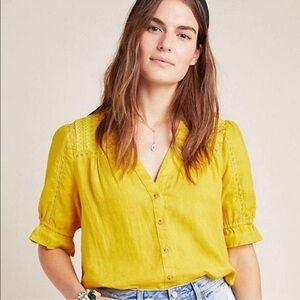 Anthropologie Maeve Magritte Yellow Linen Embroidered Lace Top Size 14 OB1013504